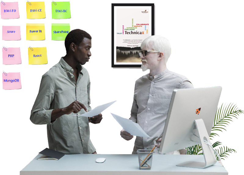 Two professionals discussing documents with sticky notes on a wall behind them.